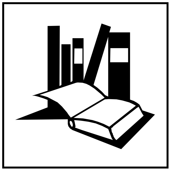 The black and white icon features a book with an open spine on top of it next to two stacked books, suggesting reading materials; below these items is another closed book lying flat, indicating more literature; beside this arrangement stands a small figure resembling a person holding what appears to be papers or documents.