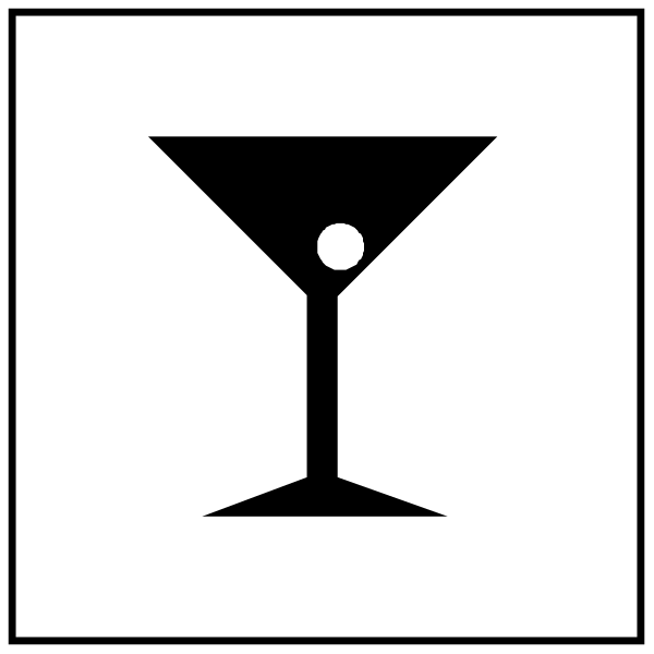 The black and white icon features a martini glass with an olive on top inside of a square frame that is connected to another similar image by two lines forming a cross shape in between them.