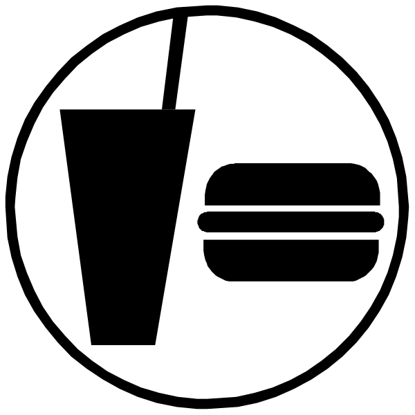 The black and white icon shows a hamburger with fries next to it on top of what appears to be an ice cream cone shape, suggesting that this is likely from a fast food restaurant menu where you can order both burgers and soft drinks or desserts like cones; the image also includes symbols for coffee.
