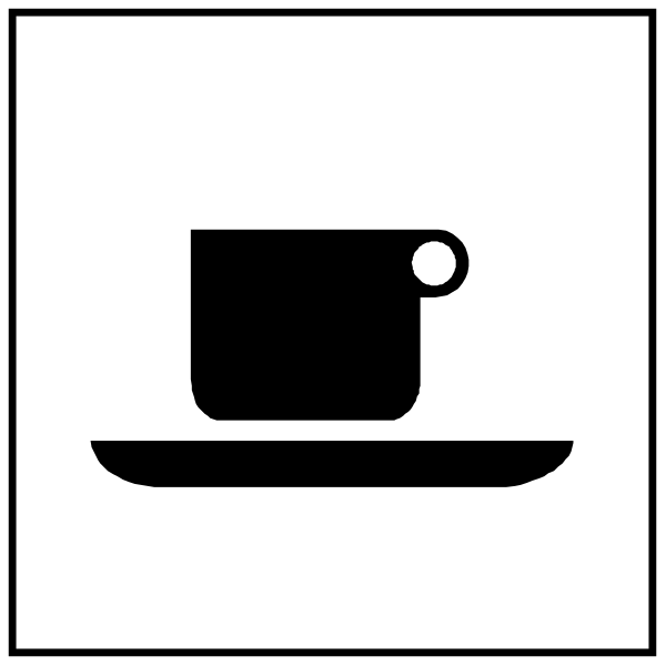 The image shows a black and white icon with three separate sections: on top left is an illustration of two cups stacked one above another; in the center right section there's a coffee cup sitting atop what appears to be a saucer, suggesting it might represent hot drinks or tea service; below these images are icons for food items and utensils. The image seems to convey themes related to dining out or ordering from restaurants/cafes. There is no text present in the clip-art image.