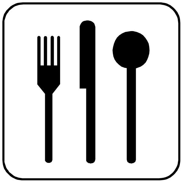 The image shows a white icon with black outlines of various kitchen utensils including spoons, forks, knives, plates, bowls, cups, wine glasses, food items like carrots and broccoli, cooking tools such as an oven mitts, pots, frying pan, spatula, tongs, a rolling pin, measuring cup, scissors, knife set with various blades, can opener, bottle openers for different types of bottles or cans.