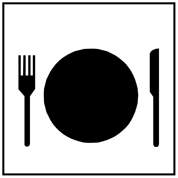 The black and white icon depicts a fork on top of an empty plate with a knife to its right side next to it; below these items is a spoon resting atop another utensil that appears to be a butterknife, all set against a background consisting of two vertical lines forming the shape of a rectangle.