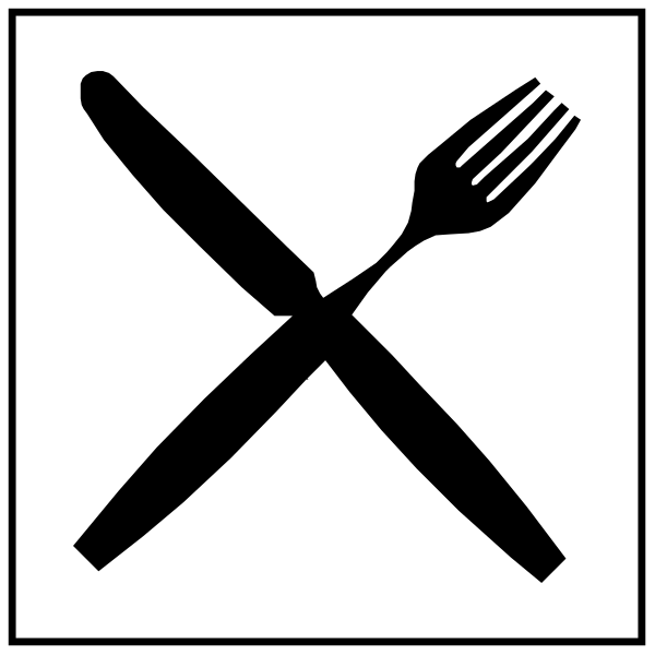 The image shows a black and white icon with two symbols: on top there is an eating utensil (fork) crossed out by a line through it; below that symbol to its right is another symbol of a knife, also marked as prohibited.