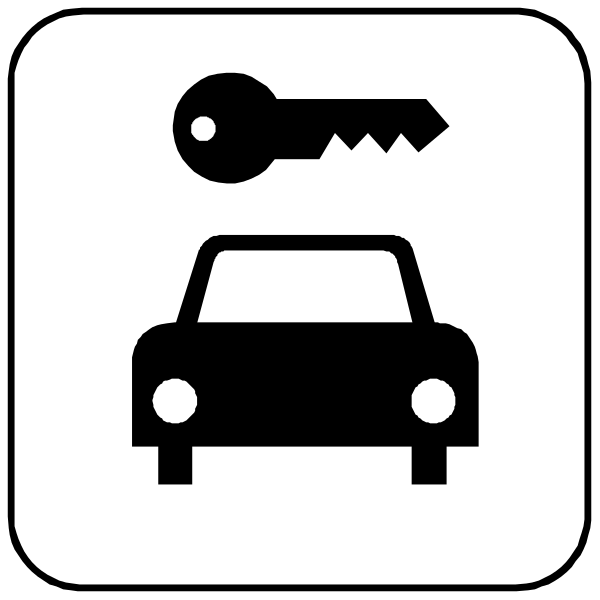 The image shows a black and white icon of parking symbols: car keys with two keyholes on top left corner; an open lock symbol in center right indicating access to vehicle; below it is a silhouette of a closed door, representing no entry for vehicles without proper authorization or payment at the time.