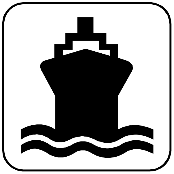 The image shows a black and white icon of two signs: on top, there is an international shipping container symbol; below it, to its right, is a ship with waves around it indicating water activity in that area.
