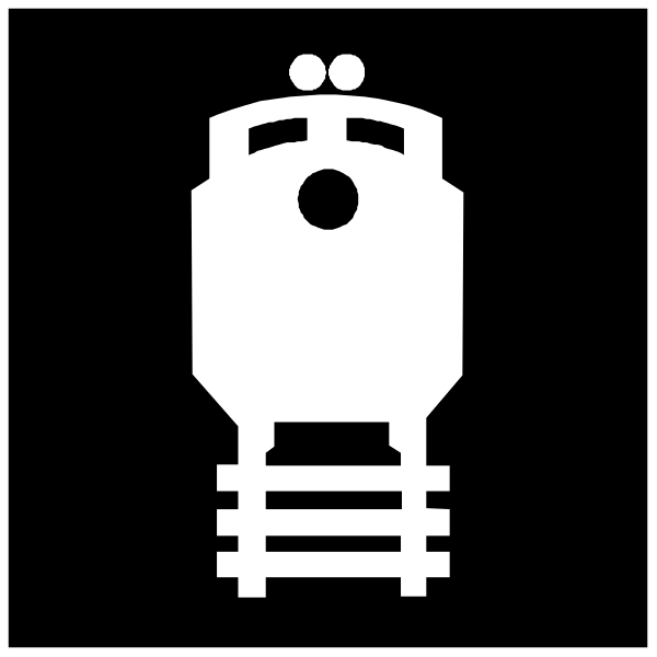 The image shows a black train icon with white details on it against a dark background.