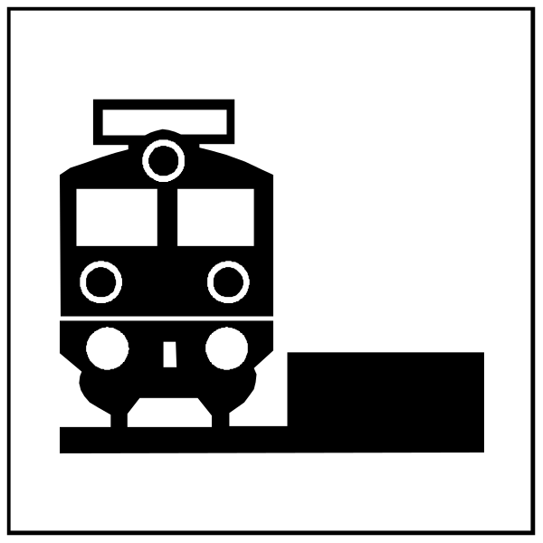 The black and white illustration shows a train on tracks with two signs above it: "No Entry" to its left and an icon of a person walking in front of the sign indicating that pedestrians can cross at this point, suggesting caution for both trains and people crossing paths here.