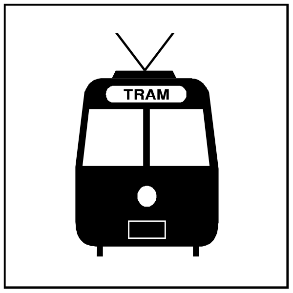 The image shows a black and white illustration of two signs: on top is an icon depicting public transportation with text "TRAM" below it; at bottom left there's another sign showing a tram car, also labeled as "TRAM."