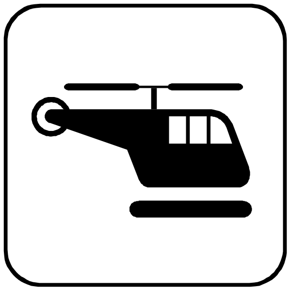 The image shows a black helicopter icon inside an airport symbol on top of a white sign with two arrows pointing upwards to indicate that it is related to aviation services provided by the establishment depicted in this clip-art illustration, which appears to be located within or near an aircraft hangar.