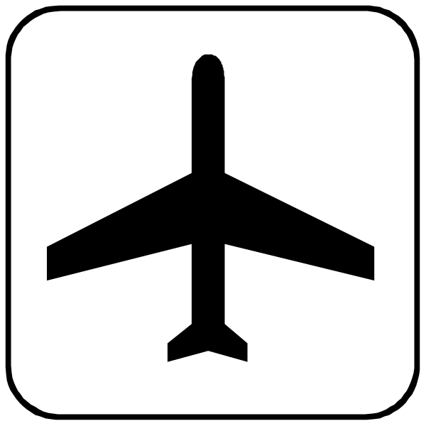 The image shows a white icon of an airplane with wings extended above it on top left corner against black background; below that is another smaller plane symbol in bottom right corner also set against black backdrop.