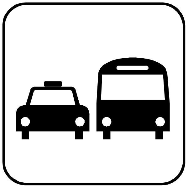 The image shows a black and white icon of traffic signs on an overpass with three vehicles: two cars driving away from each other in opposite directions and one bus parked behind them.