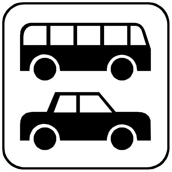 The image shows a black icon of two buses on top with cars underneath them below an arrow pointing downward to three car icons in front. There is no text present within this clip-art illustration, and it appears to be related to transportation themes such as public transit or parking spaces for vehicles like the ones depicted. The style suggests a simplistic representation commonly used on signs indicating bus stops with designated areas for cars parked underneath them. This iconography might also suggest that there is no car space available at this particular location due to full occupancy of both levels by buses, implying