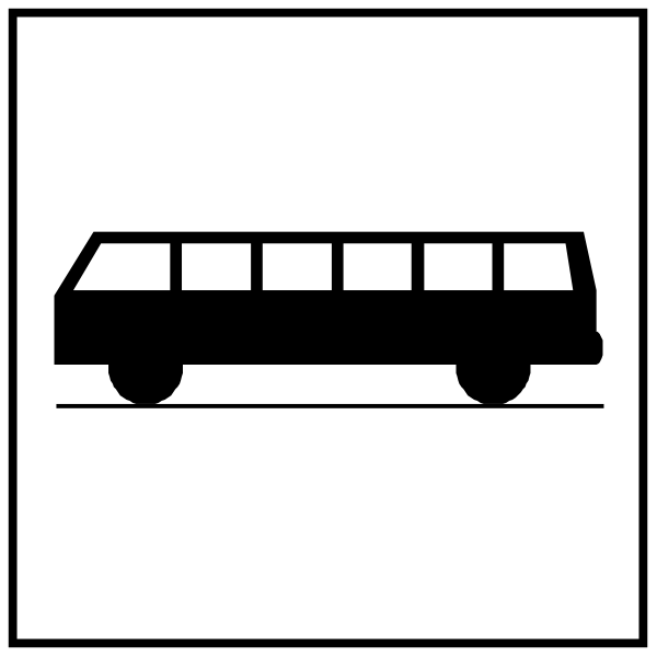 The black and white icon shows a bus on top of an arrow pointing downward to its right side with two signs below it: one depicts public transportation (a train) next to "bus" text in English, indicating that this is likely a sign for where you can find or catch the city's transit service. The other sign features a car icon and has no visible text but suggests an area designated for parking vehicles of some sort.