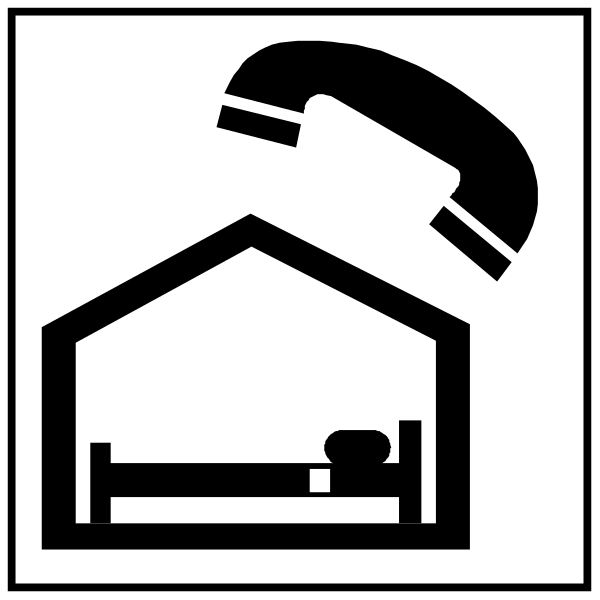 The image shows a black and white icon with three separate signs: on top is an illustration of a telephone handset; in the middle there's a house symbolizing housing services; at bottom left, it depicts a bed indicating sleeping accommodations available for rent or sale; to its right, another sign indicates that pets are allowed.