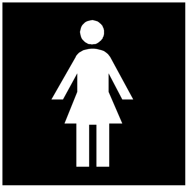 The black silhouette of a woman standing next to an icon indicating female restroom accessibility.