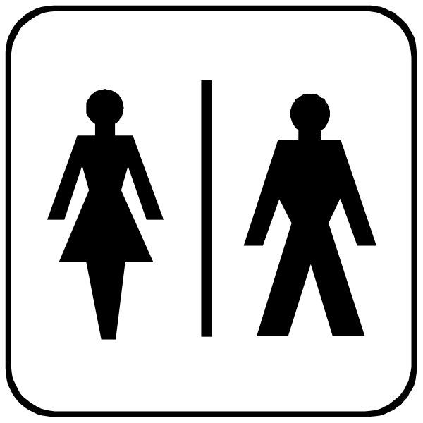 The sign depicts a restroom with symbols for men's and women's facilities next to each other under an all-gender symbol that includes both male and female figures in silhouette form.