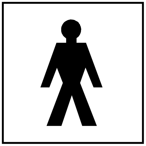The image shows a black silhouette of an adult male figure standing next to two signs: on top is a sign with a man walking symbolizing men's restroom; below it is another sign showing a woman, indicating women's restrooms.