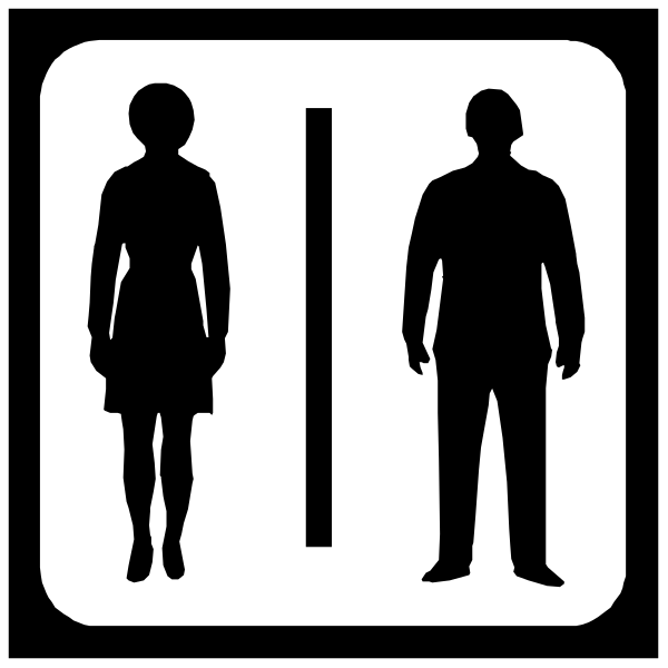 The black and white icon shows a man standing to the right of an open door with his back turned towards it; next to him is another figure that appears female due to her dress silhouette but without any distinguishable features, indicating gender-neutral restroom accessibility.