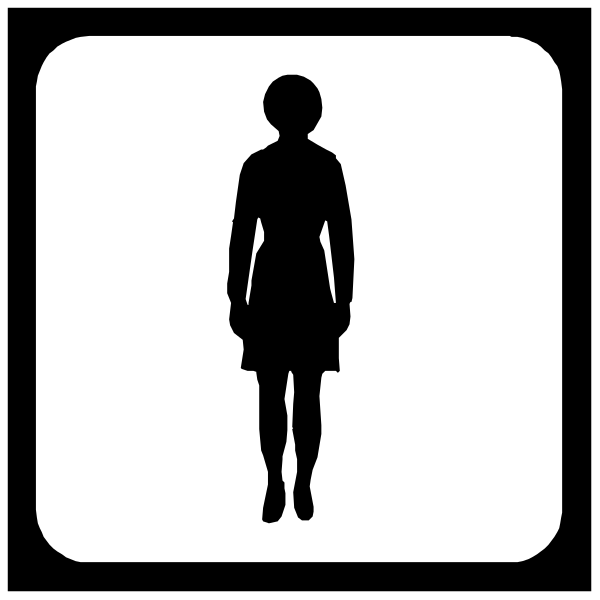 The image shows a black silhouette of an adult female figure standing inside what appears to be a white square with rounded corners on top of another larger rectangle that has a darker background; there is also text in the upper right corner, but it's too small and blurry for me to read.