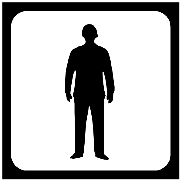 The image shows a black silhouette of an adult male figure standing inside what appears to be a white square with rounded corners on top of another larger rectangle that has two smaller rectangles at its sides forming a border, all set against a dark background.