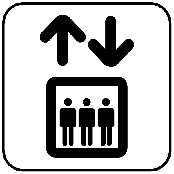 The image shows a black and white icon of an elevator with three figures inside it on top of which there is a sign indicating that only one person can enter at once.