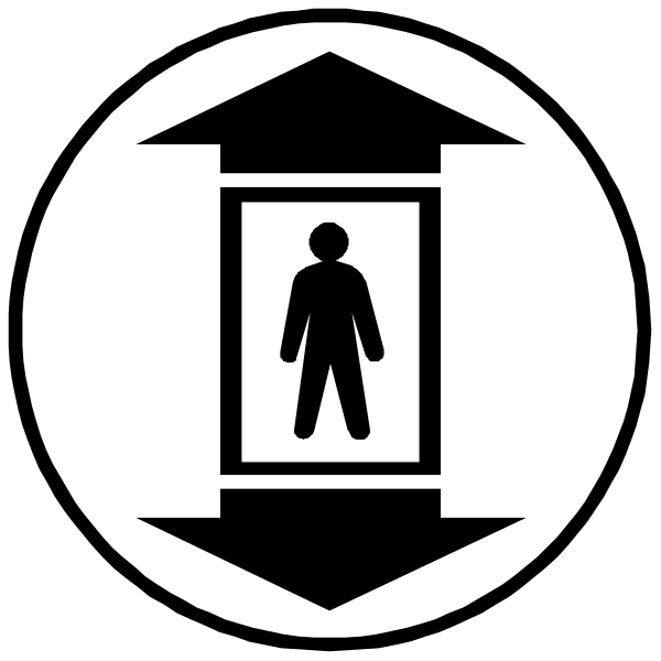 The image shows a black and white icon of an elevator with a person standing inside it on the right side.