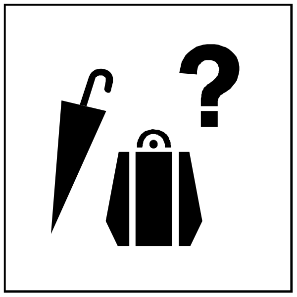 The black and white icon shows a question mark next to an umbrella with raindrops falling from it on top of two suitcases below them.