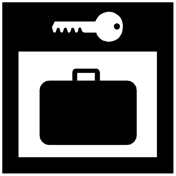 The black and white icon features a suitcase with an open lock on top of it next to two keys lying beside each other in front of what appears to be a briefcase-like object that has been stylized as if made out of paper, suggesting travel or security themes.