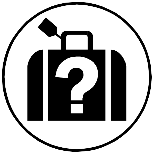 The image shows a black suitcase with an icon of a question mark above it on top right corner against white background.