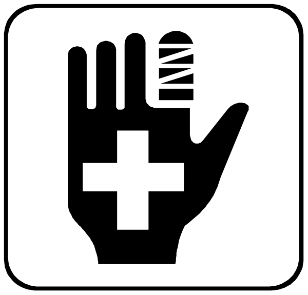 The image shows a white sign with black symbols that include an icon of a hand holding bandages over what appears to be a wound on its palm, next to two crossed-out signs resembling medical crosses and below them is another symbol representing first aid or emergency care assistance.