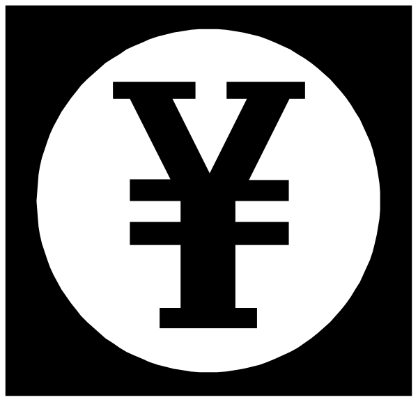 The image shows a black circle with white text inside it that reads "YEN" on top of another smaller circular icon featuring two vertical lines intersected by three horizontal ones to form an abstract symbol resembling currency, specifically Japanese yen signs (¥).