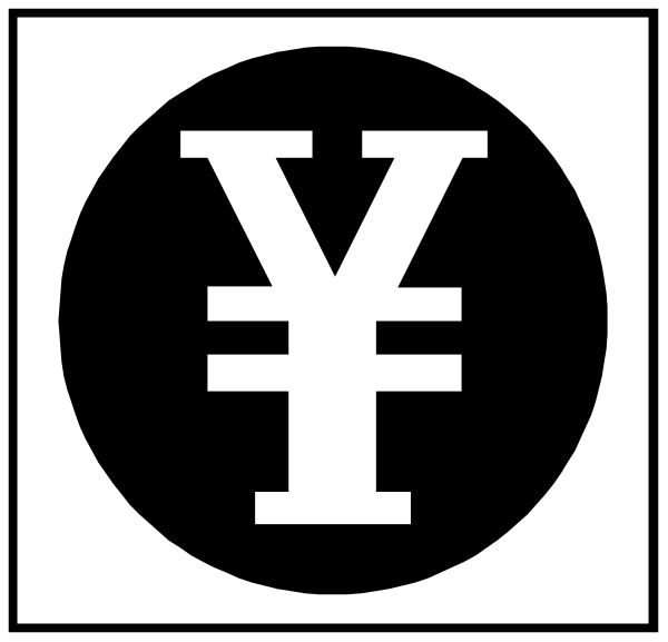 The image shows a black circle with white text inside it that reads "YEN" on top of another smaller square containing an icon resembling currency notes stacked vertically in front of each other.