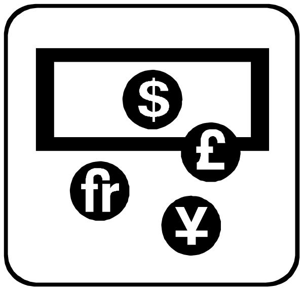 The black and white icon shows a credit card with currency symbols on it next to an envelope that has money inside of it.