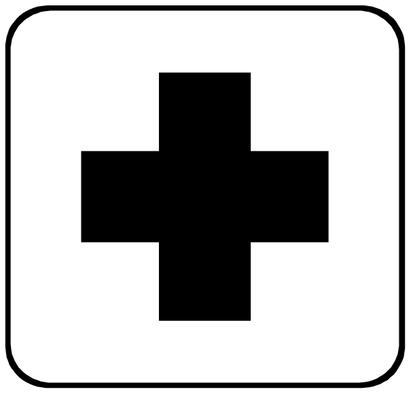 The image shows a white square with two black symbols: on top left there is an icon of plus sign (cross) inside it; below that to its right side, there's another symbol which appears like a cross-stitched bandage over what looks like a heart or medical aid kit.
