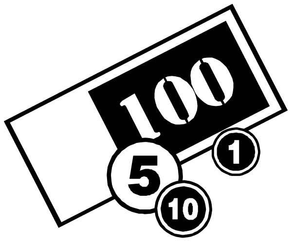 The black and white image shows a ticket with "100" written on it next to two numbers: 56 and 98. There is also an icon of three tickets in front of this larger one, each marked by circles indicating their status as winners or losers (with the number five highlighted). In addition, there are four smaller circular images with a plus sign inside them placed around these main elements. The background appears to be black and white for contrast against which all objects stand out clearly.