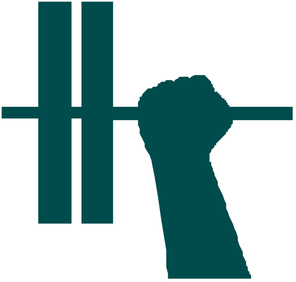 The image shows a graphic representation of weights with hands gripping them on either side, symbolizing strength or exercise equipment; there is also an icon that resembles a fist raised in solidarity atop one weight plate.