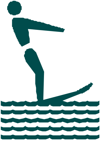 The image shows a stylized graphic of an athlete on water skis with waves around them against a blue background; there is no text present in this clip-art illustration.