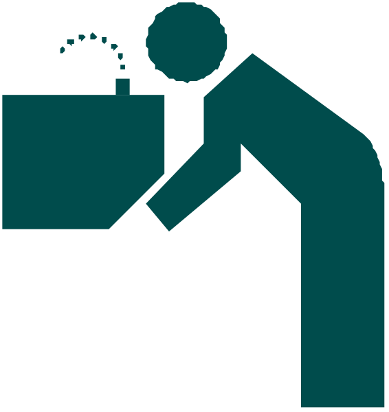 The image shows a sequence of three separate illustrations: 1) A person washing their hands at a sink; 2) An icon indicating flushing water down a toilet bowl with an arrow pointing upwards to indicate motion and direction, suggesting that it is in use or being used for the purpose intended by its design (flushing); 3) The same image as number two but without any indication of movement. These images are commonly found on signs instructing users how to properly wash their hands after using a restroom facility. There's no text present, and all three illustrations share