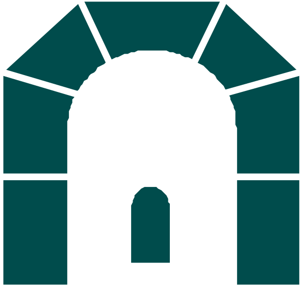 The image shows a stylized graphic of an archway with lines radiating from it to form what appears to be rays of light converging on two points at either end.