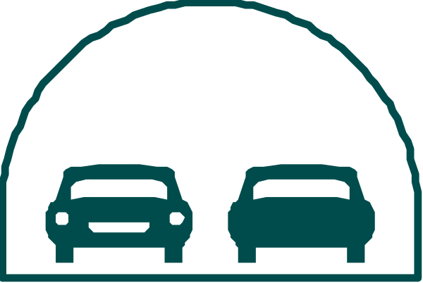 The image shows a black and white illustration of an overhead view of three cars driving under what appears to be an overpass with arches on either side.
