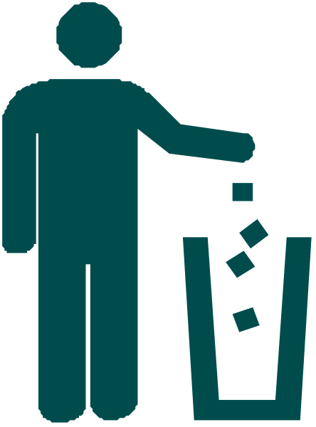 The image shows a person throwing away trash into an overflowing bin with a recyclable symbol on it; there is no text present in this clip-art illustration.