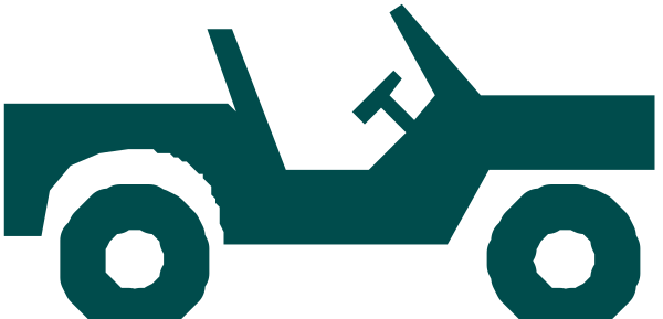 The image shows a cartoon of an offroad vehicle with large tires driving on rough terrain under what appears to be clear skies during daylight hours.