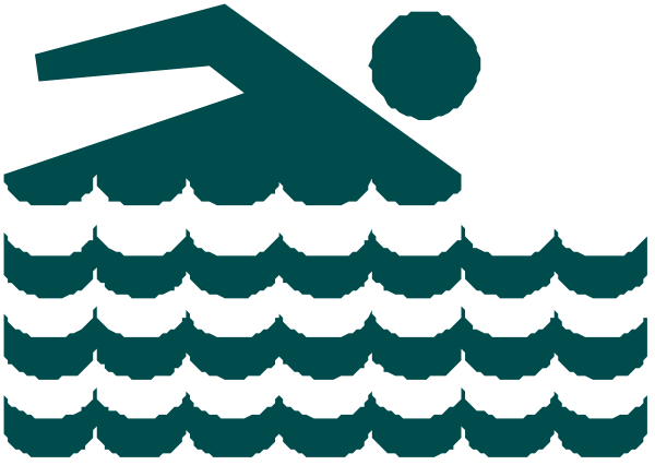 The image shows a stylized graphic of an Olympic swimming pool with two swimmers: on top is a swimmer in mid-stroke; below them appears to be another figure that looks like it could represent either water polo player, surfer, or someone diving into the water from above.