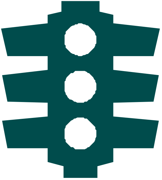 The image shows a stylized graphic of an automotive signal light with three circular lights on top against a dark background.
