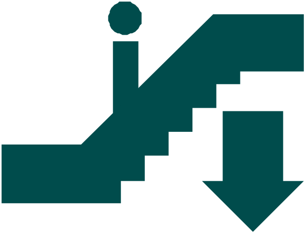 The image shows a stylized graphic with an arrow pointing downward to indicate stairs leading upwards on what appears to be a sign for handicapped accessibility in a building.