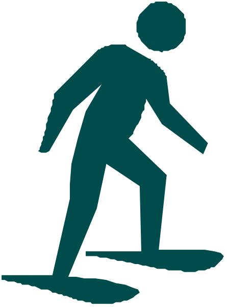 The image shows a black silhouette of an adult figure walking on what appears to be water skis with their arms outstretched for balance against a white background.
