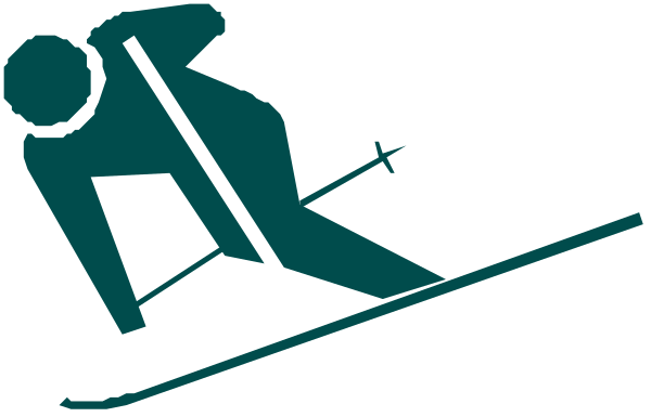 The image shows a person skiing with poles on their hands while another figure is depicted as falling over backwards behind them in what appears to be an exaggerated manner for comedic effect; both figures have skis and appear against a white background, which suggests that this could represent a logo or emblem.