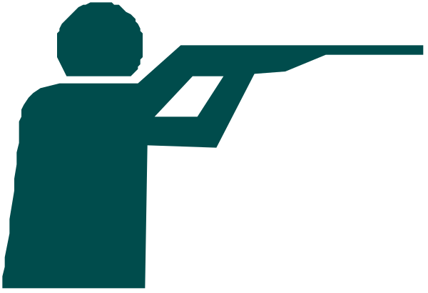 The image shows a person sitting at an office desk with their back to us holding what appears to be papers on clipboards in front of them; there is also another figure standing behind this seated individual who seems to have just shot something, indicated by the gun icon above that character's head and smoke coming from it.