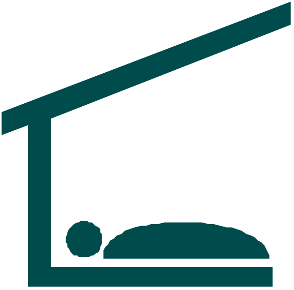 The image shows a simple black and white icon of an open house with a bed inside it next to a roof symbolizing real estate sales.