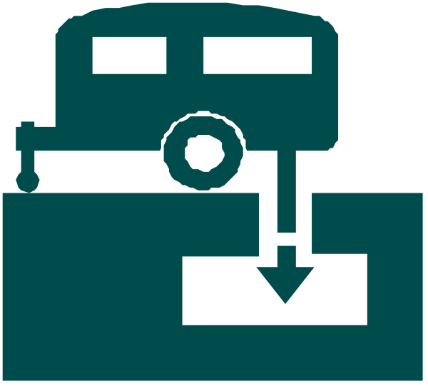 The image shows a stylized graphic of an RV with its door open connected to what appears to be a sewer system by hoses on either side; there is also text indicating that it's "dumping" and has been emptied, suggesting some form of waste disposal or sanitation process.